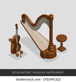 3D Isometric Musical Instruments set. Violin and Harpa vector.