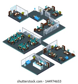 3d Isometric office with colleagues from different departments: receptionist at reception, customer service, call center, managers, director, sales manager, waiting room, office room, open space