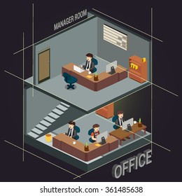 3D Isometric office, managers room. detailed vector illustration.