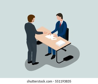 3d isometric office with one man stand and one sit to discuss in a work scope. It also can be used in brainstorm concept in vector illustration
