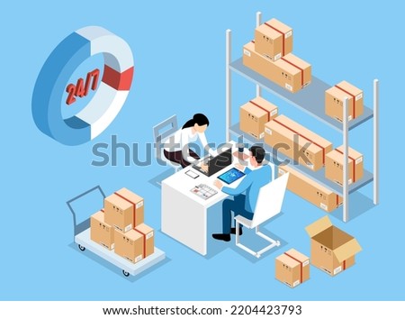 3D isometric Online delivery concept with a man and a woman decide the delivery addresses for packages in the warehouse. Vector illustration eps10