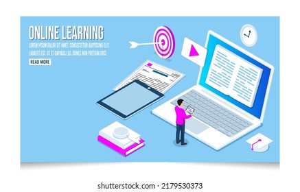 3D isometric Online education concept. Can use for web banner or infographics. Vector illustration eps10