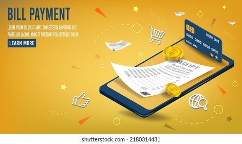 3D isometric Online Payment with Mobile Phone concept with Digital bill for mobile internet banking. Vector illustration eps10