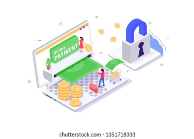 3d isometric online payment with security, young man and woman. Concept characters with money coin and cash, online shopping. Low poly. Vector illustration.