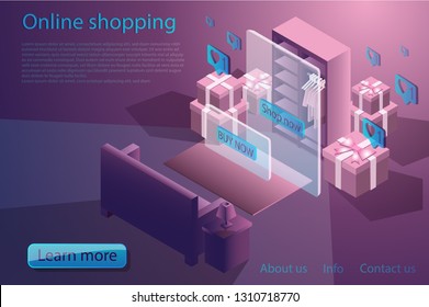 3d isometric online shopping concept banner,  template page. For web and mobile phone and apps.