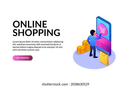 3d isometric online shopping phone people smartphone concept digital commerce shop