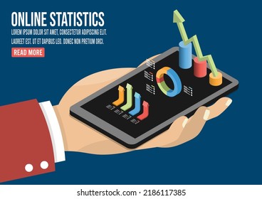 3D isometric Online statistics concept with Human hands holding mobile phone with development statistics metadata over screen. Vector illustration eps10