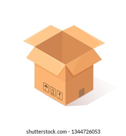 3d isometric opened carton, cardboard box isolated on white background. Transportation package in store, distibution concept. Vector cartoon design