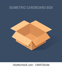 3d isometric opened carton, cardboard box isolated on background. Transportation package in store, distibution concept. Vector cartoon design