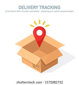 3d isometric opened carton, cardboard box with pointer, pin isolated on background. Order tracking. Transportation, shipping  package in store, distibution concept. Vector cartoon design