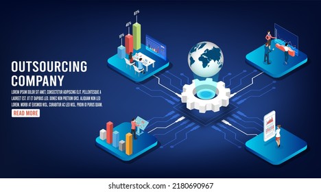 3D isometric outsourcing company concept with Idea of teamwork, project delegation, business strategy, software development service.  Vector illustration eps10