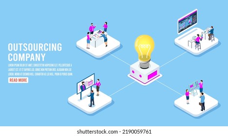 3D isometric outsourcing company concept with Idea of teamwork, project delegation, business strategy, software development service.  Vector illustration eps10
