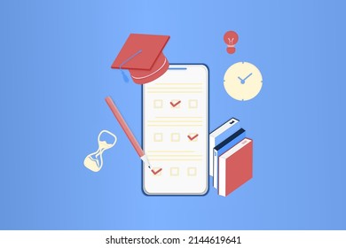 Plantilla de página isométrica 3D para examen en línea en smartphone o computadora. Prueba en línea, lista de verificación de opinión, educación en línea, formulario de cuestionario, metáfora de encuesta, cuestionario de respuesta a preguntas y respuestas en Internet.