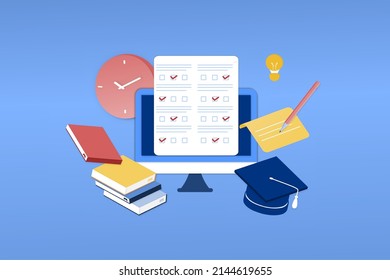 3D isometric page template for online examination on smartphone or computer. Online test, opinion checklist, online education, questionnaire form, survey metaphor, answer internet quiz.