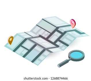 3d isometric paper map with geo tag pin icon and magnifying glass. Vector design concept for infographics, mobile gps or tracking navigation application.