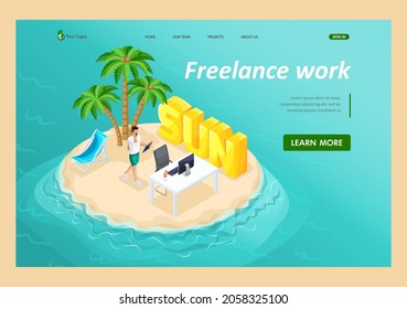 3D isometric paradise island in the middle of the ocean, man freelancer relaxing under a tropical palm tree. For vector illustrations. Landing Page Concept.