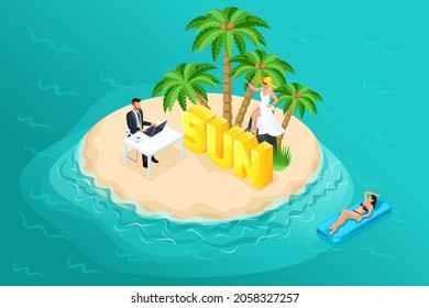 3D isometric paradise island in the middle of the ocean, a male businessman works under a palm tree while others are relaxing. For vector illustrations