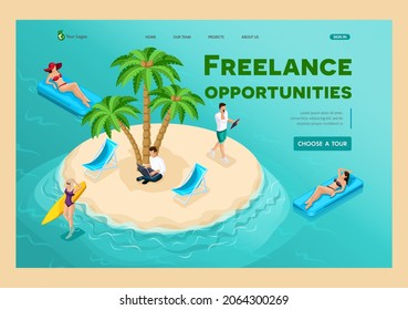 3D isometric paradise island in the middle of the ocean, a male freelancer works under a tropical palm tree when others are relaxing. Landing Page Concept.