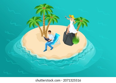 3D isometric paradise island in the middle of the ocean, a freelance man working under a tropical palm tree, a girl taking a selfie. For vector illustrations.