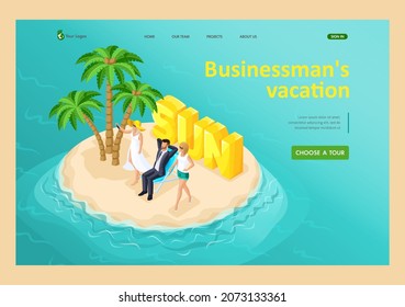 3D isometric paradise island in the middle of the ocean, male businessman relaxing under a tropical palm tree with girls For vector illustrations. Landing