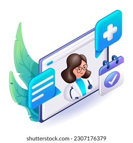 3D Isometric people character illustration. Cartoon Concept of online consultation doctor. Online medicine, healthcare, medical diagnostics. 3d realistic