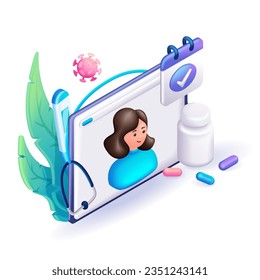 3D Isometric people character illustration. Cartoon girl buys medicines online. Recipe for protection against the virus. Vector for website
