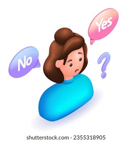 3D Isometric people character illustration. Cartoon girl standing confusedly to choose yes or no. Concept of choice, selection, answer, reply, accept of refuse. Doubts, worries. Vector for website