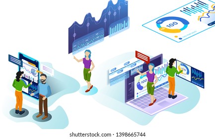 3d isometric people,technology concept. Young creative team work with new business project. Landing page business design. Isometric illustration. 