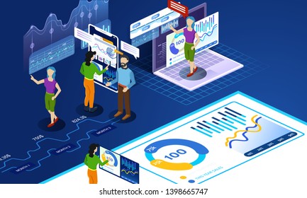 3d isometric people,technology concept. Young creative team work with new business project. Landing page design. Isometric illustration. 