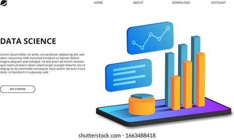 3D isometric perspective of bar data chart and statistic on the mobile phone. Illustration concept for business presentation, data analysis design template