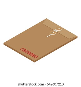 3D isometric perspective brown long postal envelope template with red rubber stamp top secret vector illustration. Envelope sealed with string.