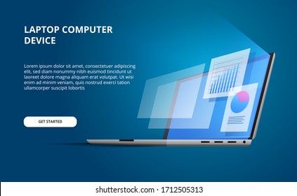 3D Isometric Perspective Open Device Laptop With Glow Screen. Display Computer With Infographic And Data Visualization Pie Chart Stats With Blue Background