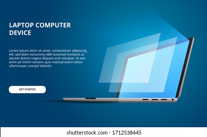 3D isometric perspective open device laptop with glow screen. display computer with blue background