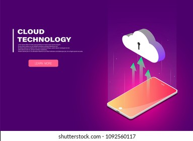 3D isometric phone . Cloud storage information. Vector flat illustration.