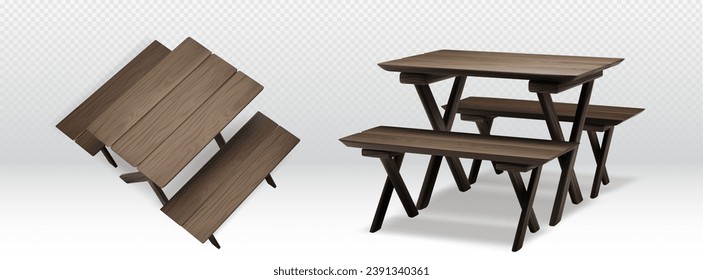 3d isometric picnic table with wooden bench garden outdoor furniture. Wood realistic street long seat and desk render for dinner barbecue in summer. Outside exterior icon design collection for bbq