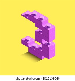 3d isometric pink number Three from lego brick on yellow background. 3d number from lego bricks. Realistic number