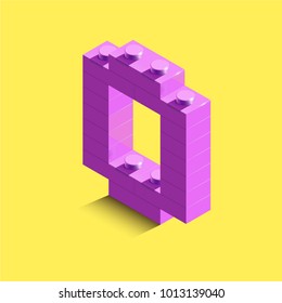 3d isometric pink number Zero from lego brick on yellow background. 3d number from lego bricks. Realistic number