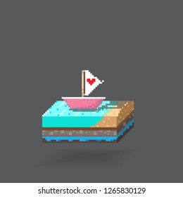 3D Isometric Pixcel 8-bit Landscape Cube - Heart shaped sailboat on sea. Icon Can be used for Game, Web, Mobile App, Infographics. Game asset