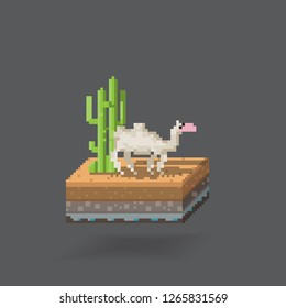 3D Isometric Pixcel 8-bit Landscape Cube - Camels and cylinder heads in the desert. Icon Can be used for Game, Web, Mobile App, Infographics. Game asset
