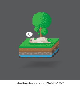 3D Isometric Pixcel 8-bit Landscape Cube - Alpaca In the meadow. Icon Can be used for Game, Web, Mobile App, Infographics. Game asset