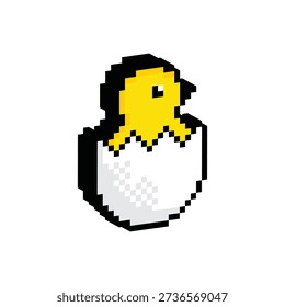 3D isometric pixel art chicken in an egg 8 bit vector icon for computer game logo
