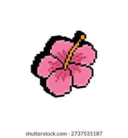 3D isometric pixel art hibiscus flower 8 bit vector icon for computer game, logo