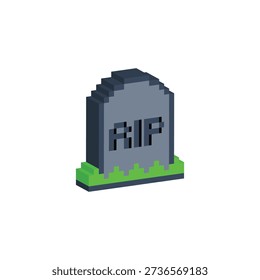 3D isometric pixel art rip grave  8 bit vector icon for computer game logo