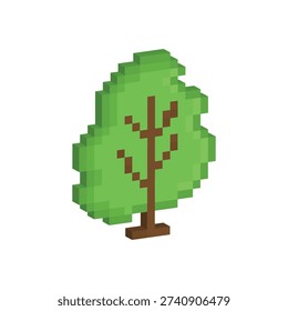 3D isometric pixel art tree 8 bit vector icon for computer game, logo