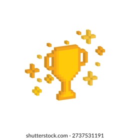 3D isometric pixel art trophy 8 bit vector icon for computer game, logo