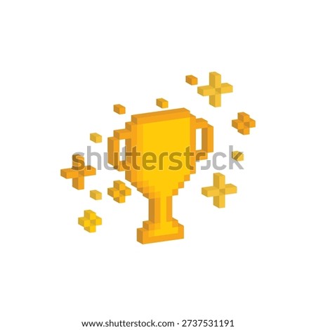 3D isometric pixel art trophy 8 bit vector icon for computer game, logo