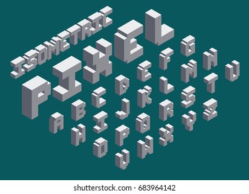 3d isometric pixel font set. 