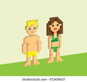 3d isometric Pixel girl and pixel boy in a swimsuit, flat design. Editable vector illustration