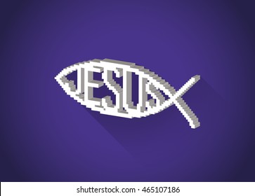 3d isometric pixelated christian fish symbol (Jesus) in a flat design, illustration
