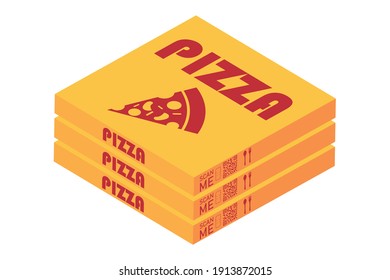 Icono de cajas de pizza isométricas de 3d, entrega de comida, con código qr aislado en fondo blanco. EPS10 vectores